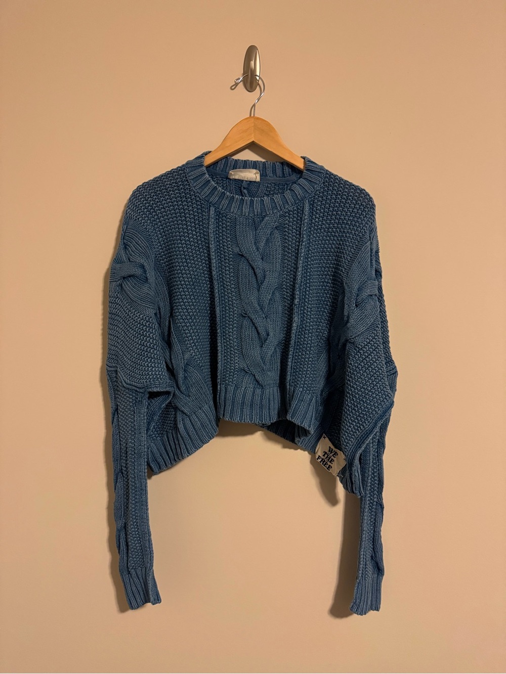 We The Free Blue Cropped Cable Knit Crew Sweater